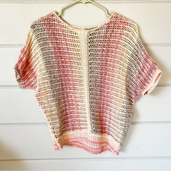 Crochet pull over sweater short sleeve BoHo pastel knit pink top shirt small - Picture 2 of 4